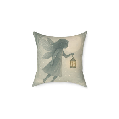 Cozy Winter Fairy Throw Pillow – Tea on a Toadstool & Lantern Fairy Canvas Cushion