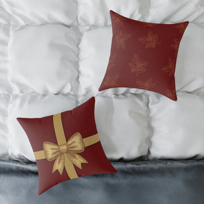 Red & Gold Gift Box Throw Pillow – Holiday Present Canvas Cushion with Holly Back