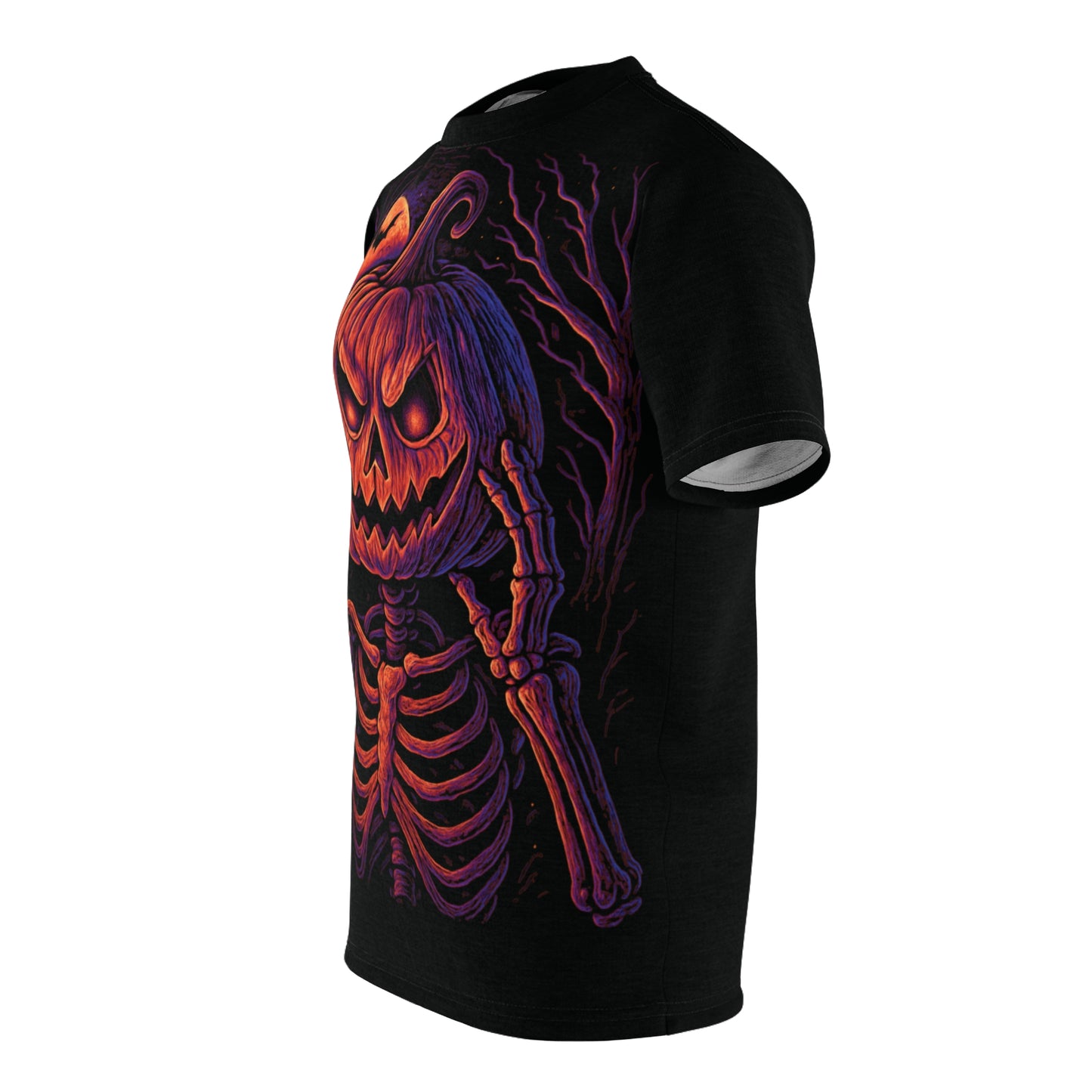 Skeleton Pumpkin Head AOP Halloween T-Shirt – Neon Spooky Jack-o’-Lantern Extra Large Print Tee (All-Over Print)