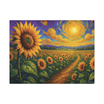 Sunflower Field Canvas Wall Art – Vibrant Golden Blooms, Van Gogh Inspired Sky, Horizontal Landscape Print