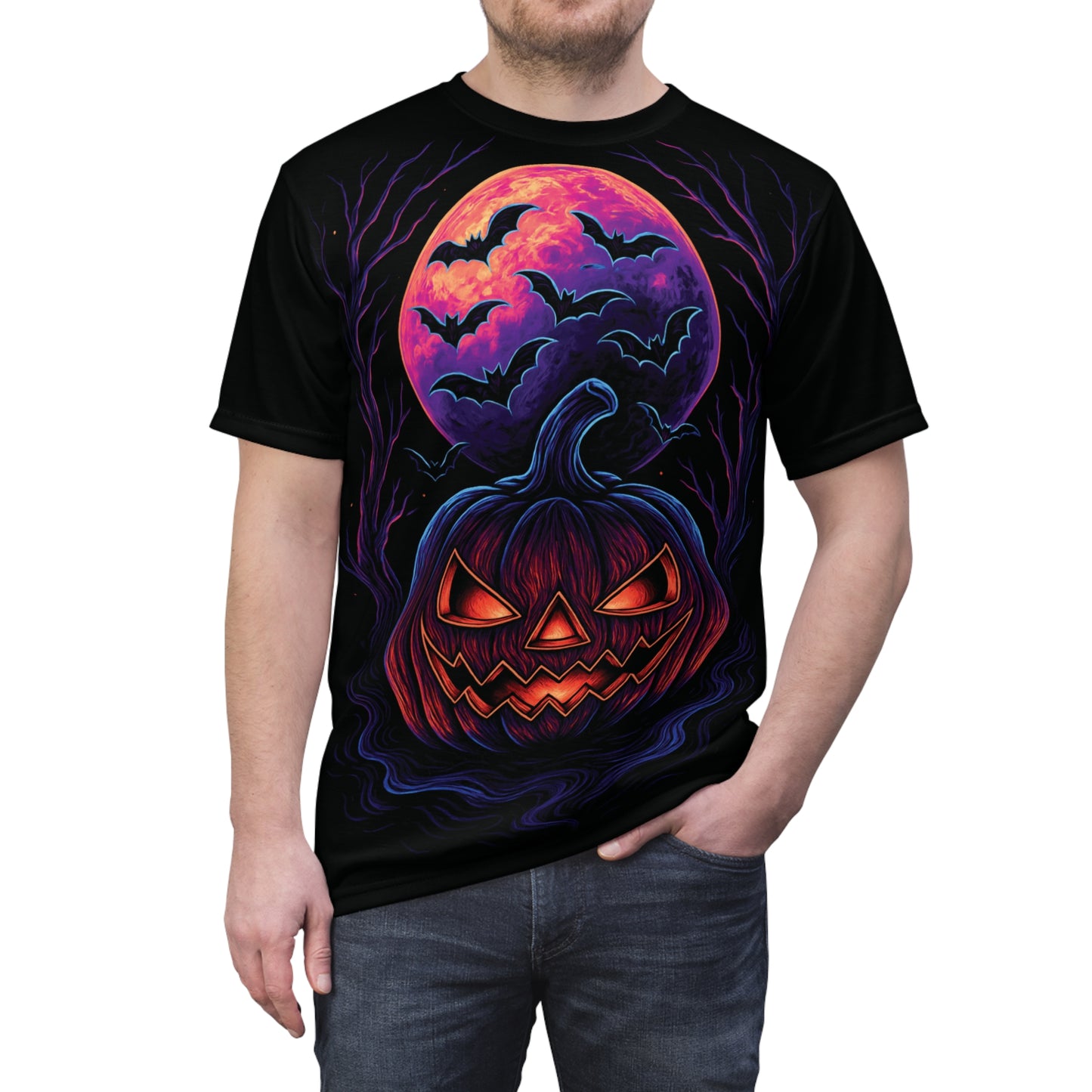 Neon Jack-o’-Lantern AOP Halloween T-Shirt – Glowing Pumpkin & Bats Extra Large Print Tee (All-Over Print)