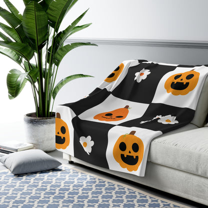 Pumpkin Patch Panic – Halloween Checkerboard Sherpa Fleece Blanket