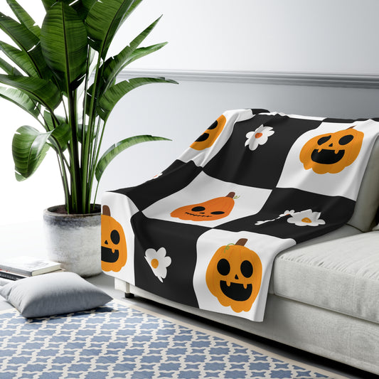 Pumpkin Patch Panic – Halloween Checkerboard Sherpa Fleece Blanket
