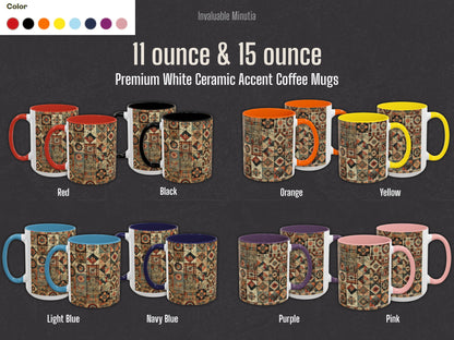 Reference image showing premium ceramic accent coffee mugs in 11oz and 15oz sizes with eight color variations — red, black, orange, yellow, light blue, navy blue, purple, and pink. Size and color comparison chart for Invaluable Minutia ceramic mugs, ideal for product listings and shopper reference. Boutique-quality design guide by Invaluable Minutia. InvaluableMinutia.com