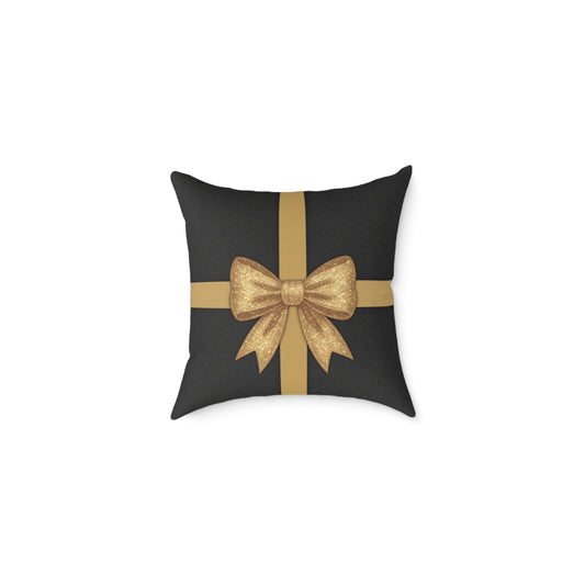 Black & Gold Gift Box Throw Pillow – Charcoal Present & Snowflake Canvas Cushion