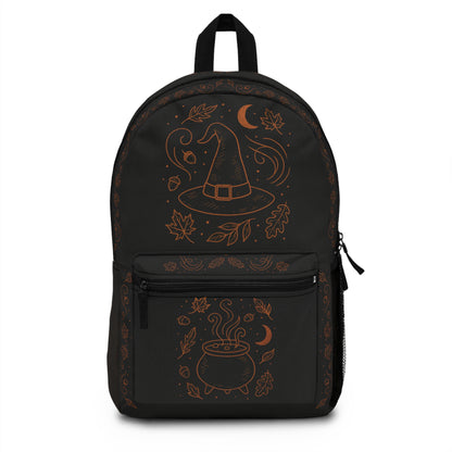 Witchy Autumn Backpack – Premium Black & Orange Fall Witch Hat and Cauldron Design