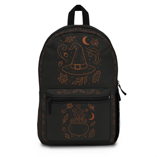 Witchy Autumn Backpack – Premium Black & Orange Fall Witch Hat and Cauldron Design
