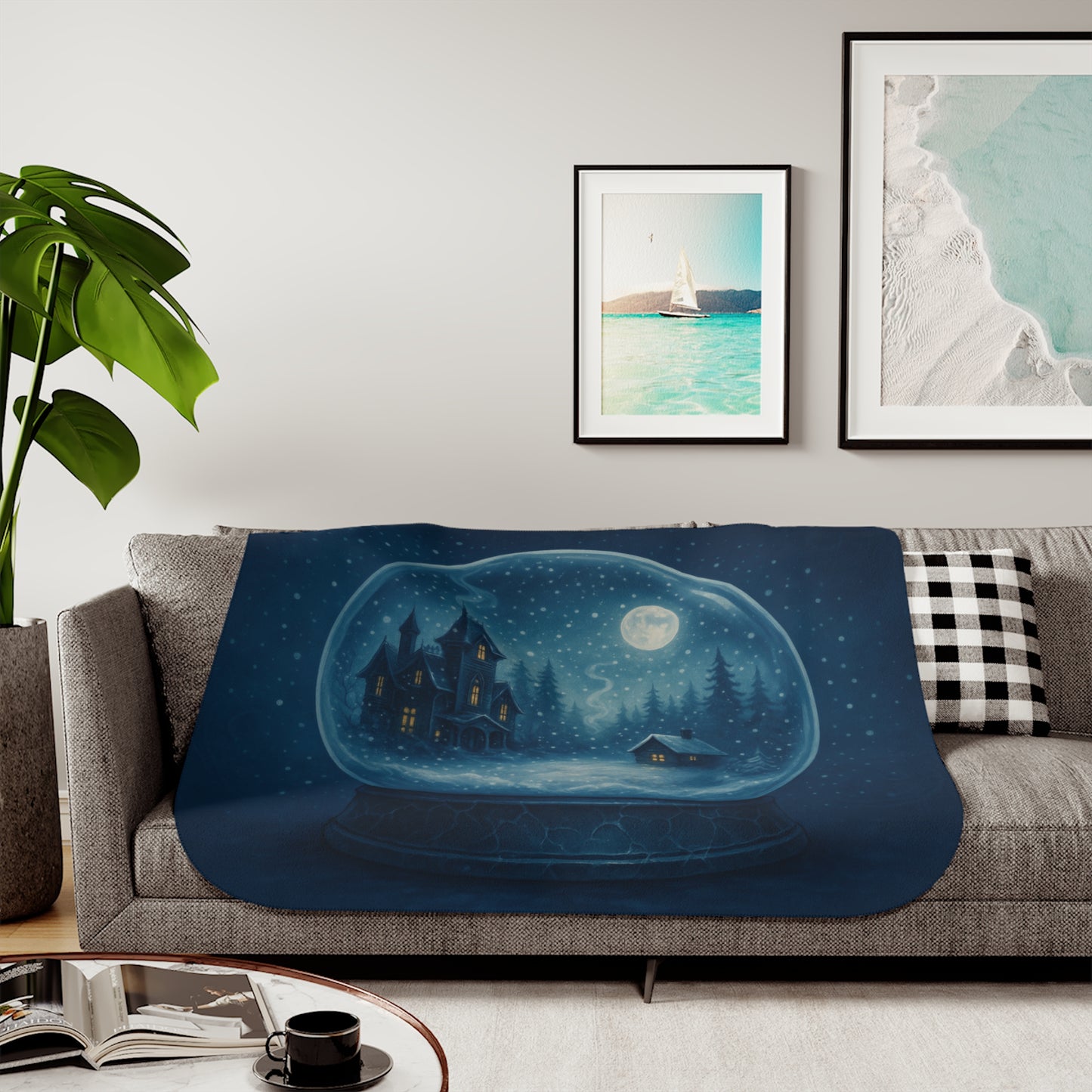 Haunted House Winter Snowglobe Sherpa Blanket – Enchanted Gothic Holiday Throw