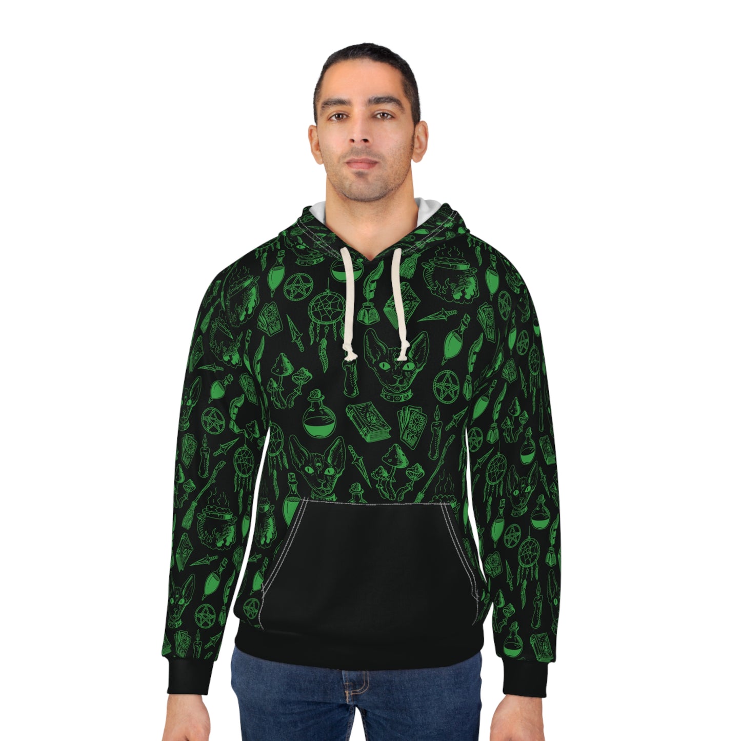 Occult Cat with Third Eye Familiar Unisex Hoodie – Green on Black AOP Pullover