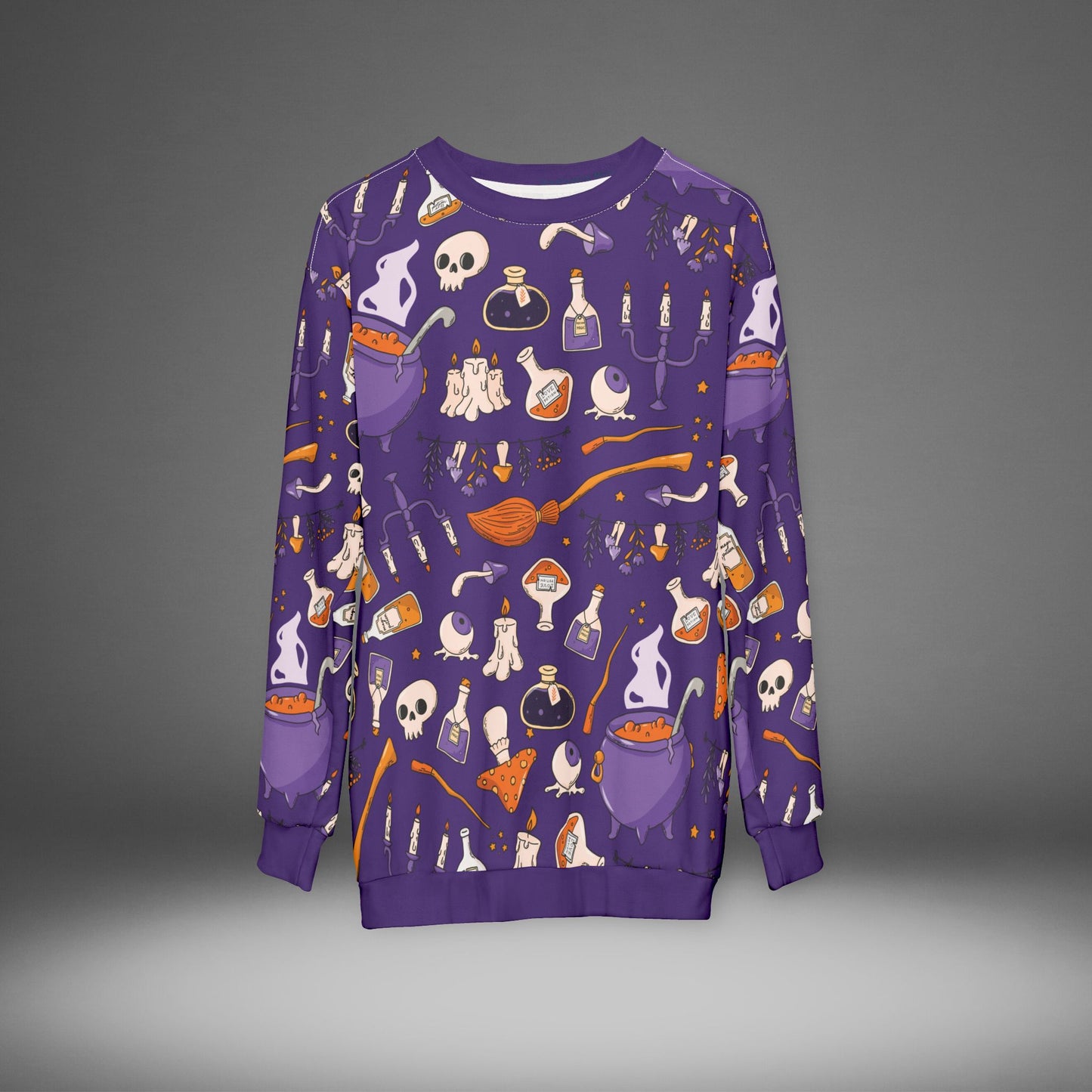 Witchy Potions AOP Unisex Sweatshirt – Spooky Season Purple | Cozy Fall Crewneck | Free Worldwide Shipping