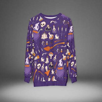 Witchy Potions AOP Unisex Sweatshirt – Spooky Season Purple | Cozy Fall Crewneck | Free Worldwide Shipping
