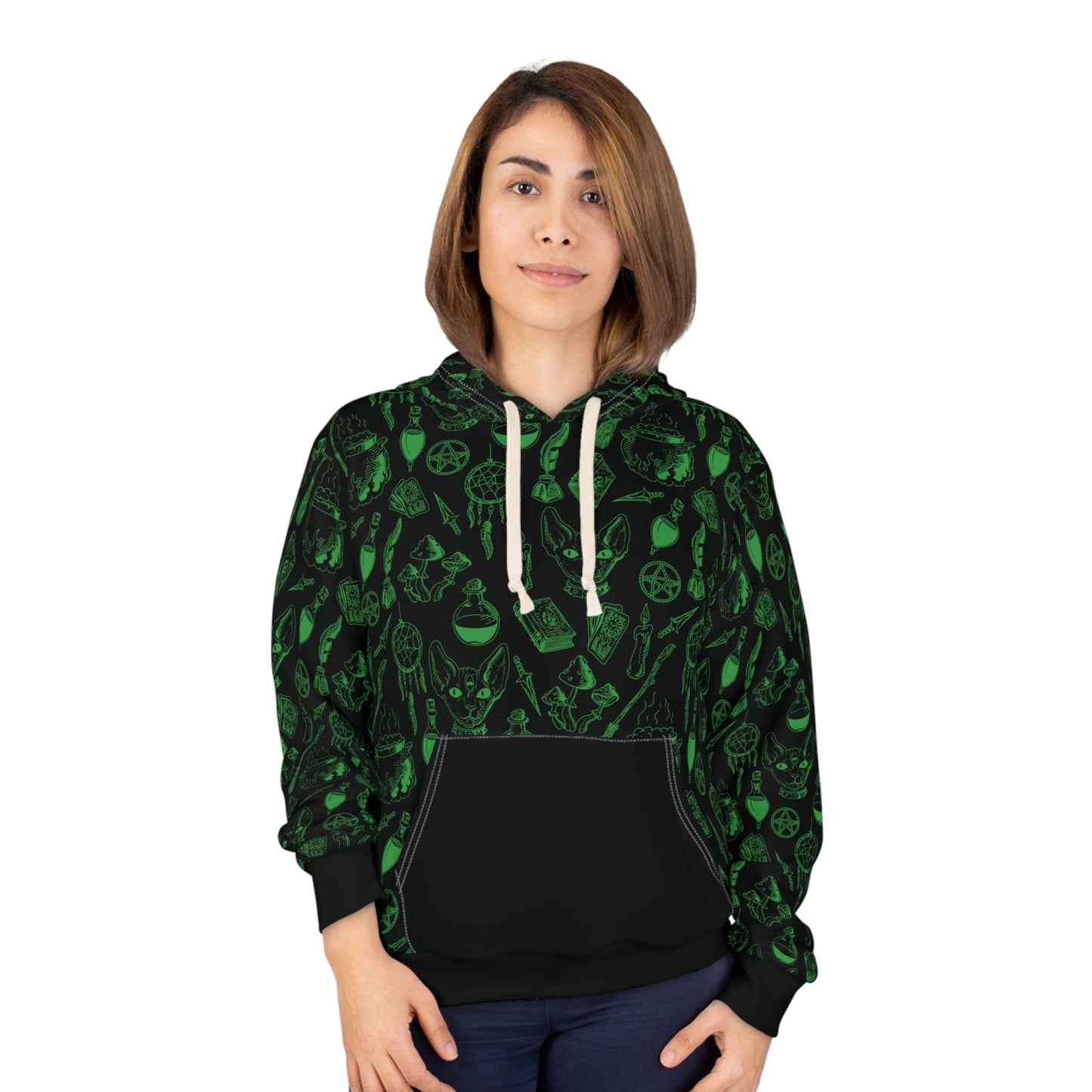 Occult Cat with Third Eye Familiar Unisex Hoodie – Green on Black AOP Pullover