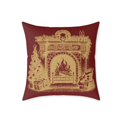 Vintage Fireplace Christmas Throw Pillow – Red & Gold Mantel with Candy Cane Pattern Back