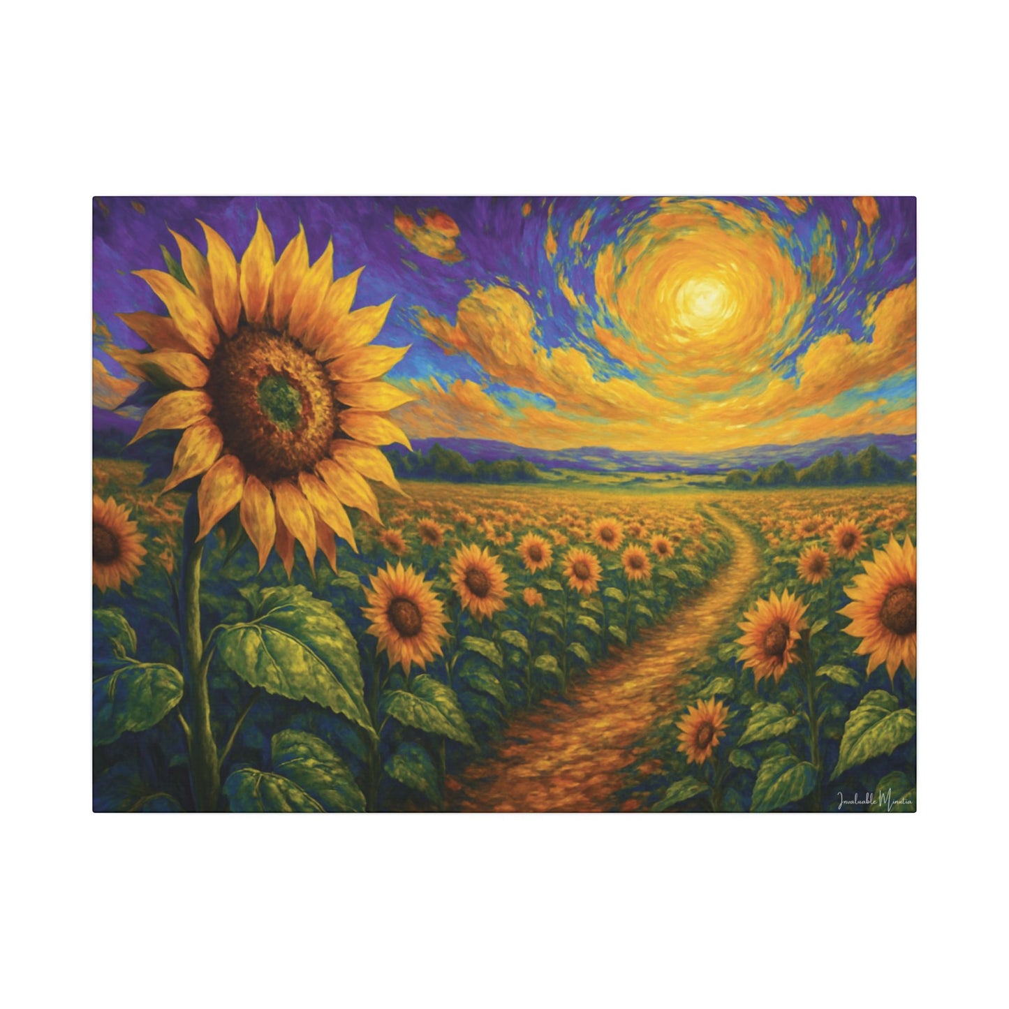 Sunflower Field Canvas Wall Art – Vibrant Golden Blooms, Van Gogh Inspired Sky, Horizontal Landscape Print