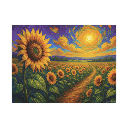 Sunflower Field Canvas Wall Art – Vibrant Golden Blooms, Van Gogh Inspired Sky, Horizontal Landscape Print