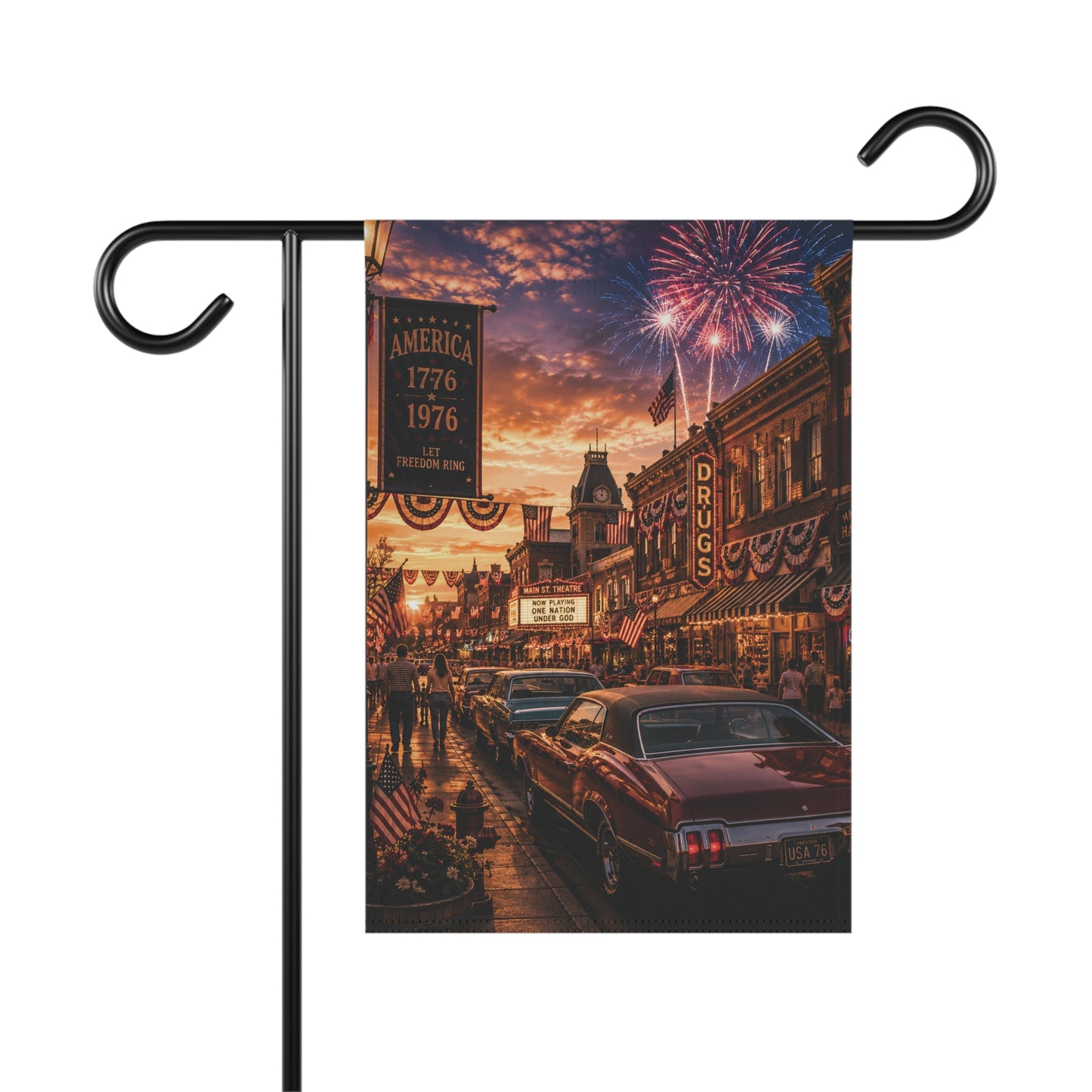 Vintage Retro Main Street Fourth of July Garden Banner or House Flag Patriotic 1776 1976