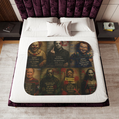 Horror Villains Mugshot Sherpa Fleece Blanket – Premium Cozy Throw, 3 Sizes, Free Worldwide Shipping