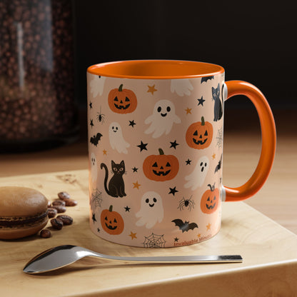 Halloween Color Accent Mug – Ghosts, Pumpkins & Black Cats, Fall Coffee Cup (11oz & 15oz) – Boutique Spooky Season Drinkware