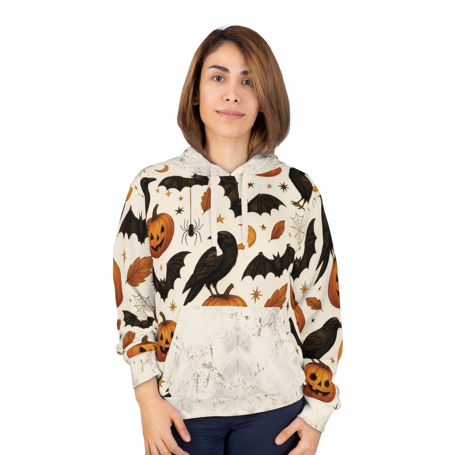 Vintage Halloween AOP Pullover Hoodie – Ravens, Pumpkins & Bats | Boutique Spooky Season Fashion