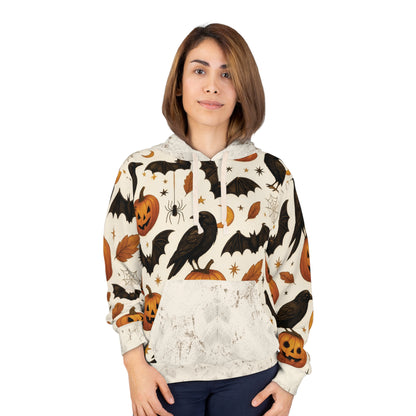 Vintage Halloween AOP Pullover Hoodie – Ravens, Pumpkins & Bats | Boutique Spooky Season Fashion