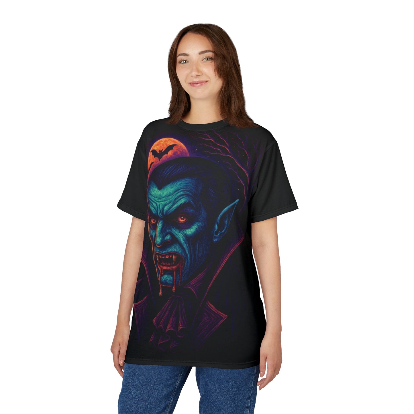 Vampire AOP Halloween T-Shirt – Neon Bloodthirsty Count Extra Large Print Tee (All-Over Print)