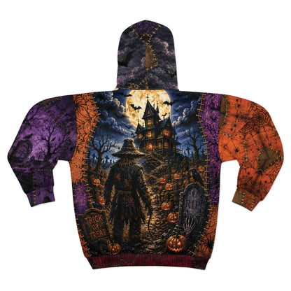 Gothic Halloween Zip Hoodie: Scarecrow Patchwork All Over Print, Unisex XS 2XL