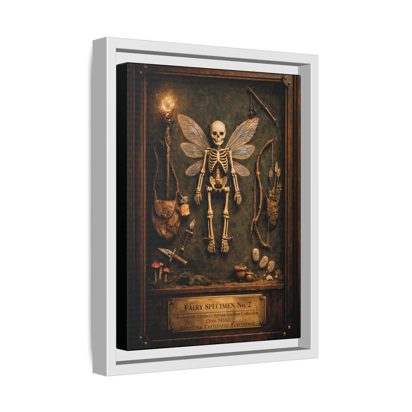 Fairy Specimen No. 2 Framed Canvas Print – Skeletal Fairy Wall Art, Dark Curiosity Cabinet Decor