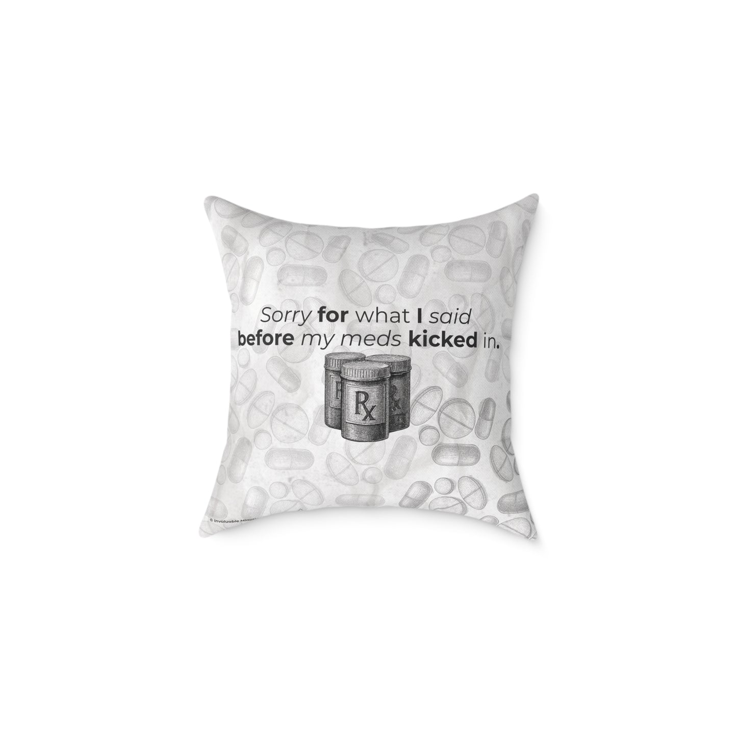 Before My Meds Kicked In — Poly Canvas Throw Pillow | Vintage Pharmacy Pattern, Dosage Back Print