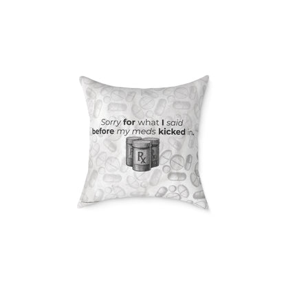 Before My Meds Kicked In — Poly Canvas Throw Pillow | Vintage Pharmacy Pattern, Dosage Back Print