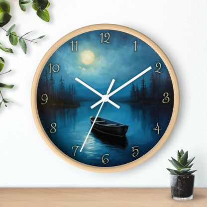 Moonlit Lake Wall Clock – Serene Night Boat Scene 10" Decor
