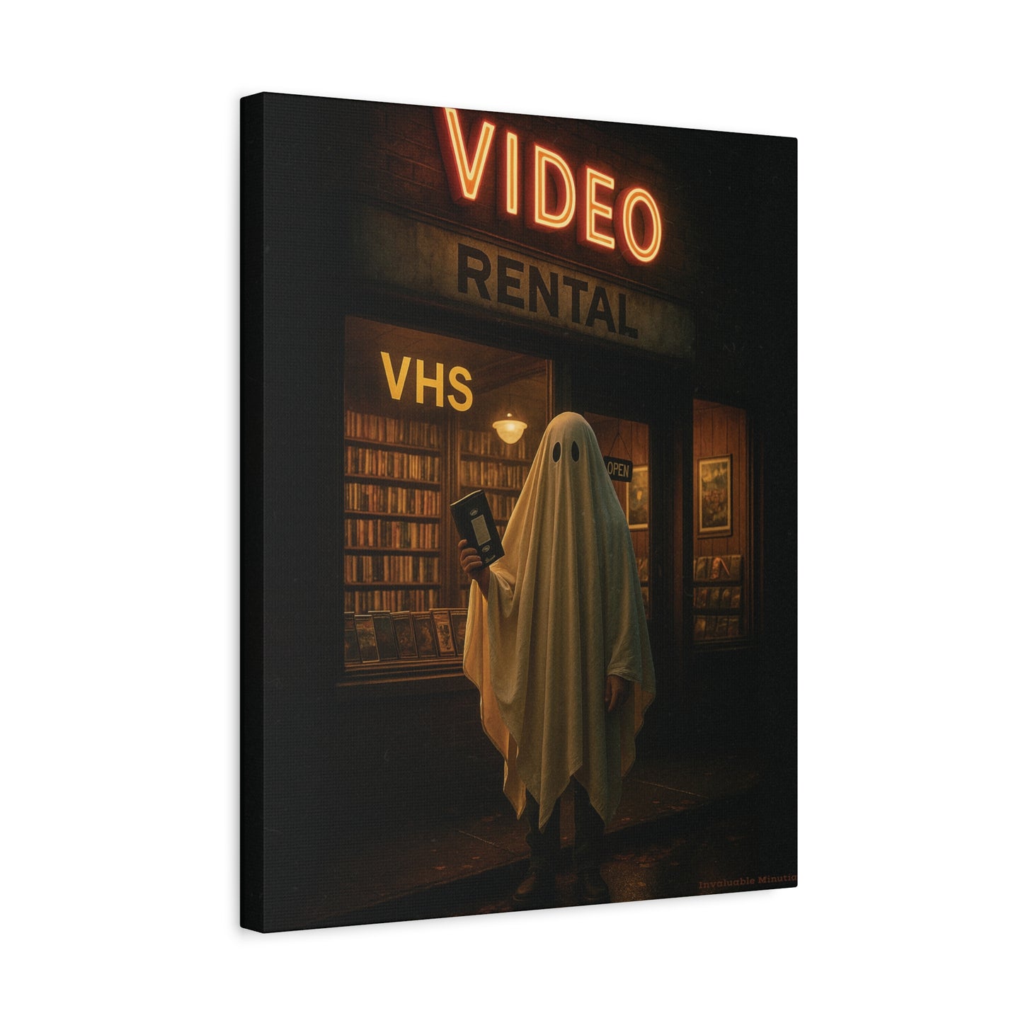 Retro Video Rental Ghost – VHS Nostalgia Matte Stretched Canvas Wall Art | 90s Spooky Decor