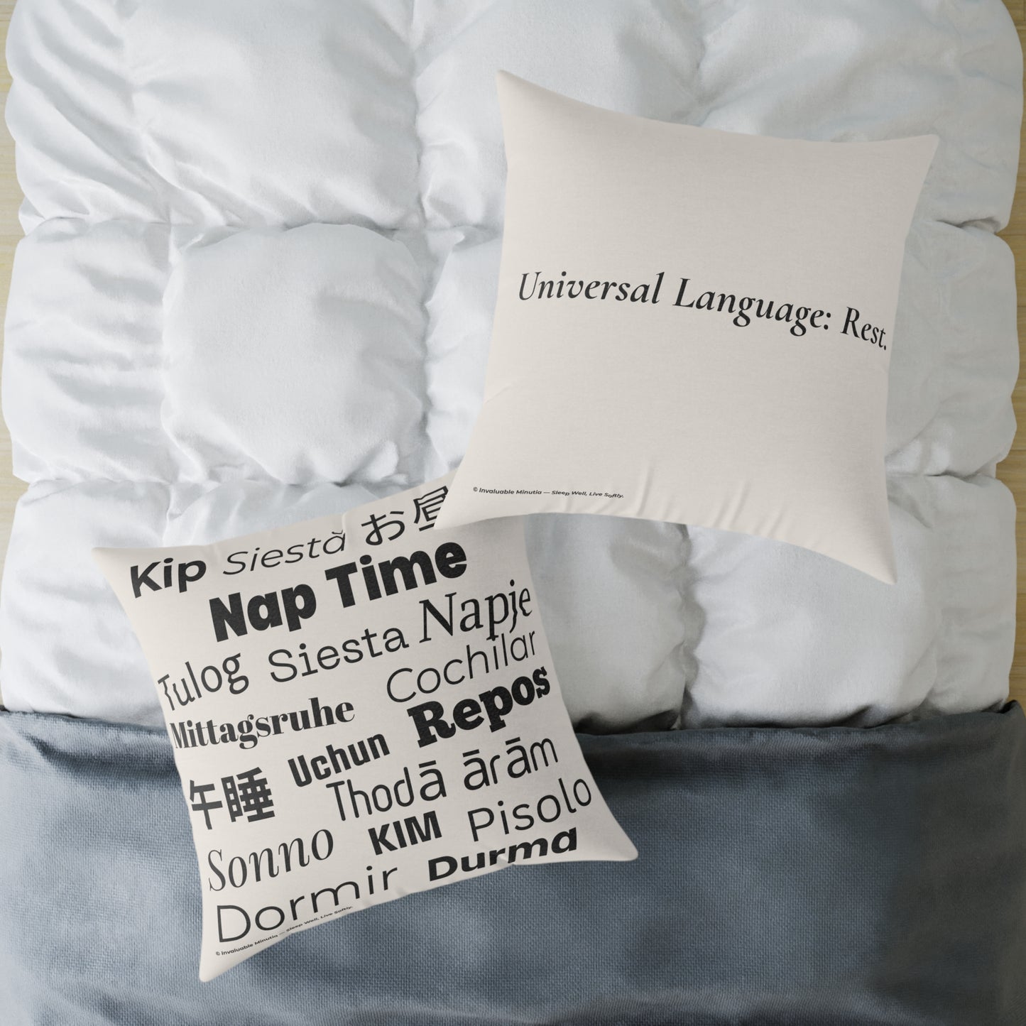 Nap Time (Multilingual) Poly Canvas Throw Pillow — Universal Language: Rest. | Premium Neutral Decorative Cushion