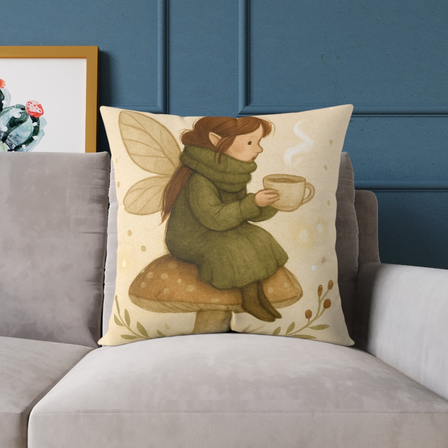 Cozy Winter Fairy Throw Pillow – Tea on a Toadstool & Lantern Fairy Canvas Cushion