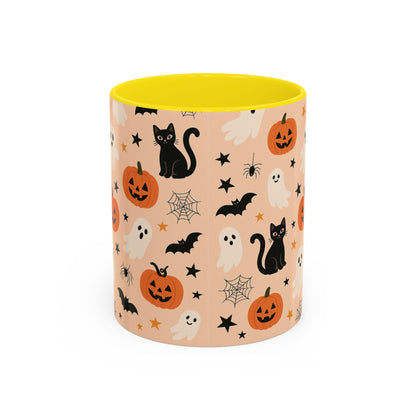 Halloween Color Accent Mug – Ghosts, Pumpkins & Black Cats, Fall Coffee Cup (11oz & 15oz) – Boutique Spooky Season Drinkware