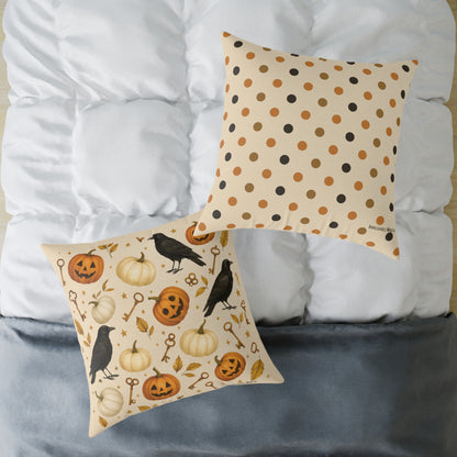 Boutique Halloween Throw Pillow – Crow & Pumpkin Pattern (Reversible Dot Back, Colorway™ Poly Canvas)