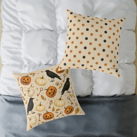Boutique Halloween Throw Pillow – Crow & Pumpkin Pattern (Reversible Dot Back, Colorway™ Poly Canvas)