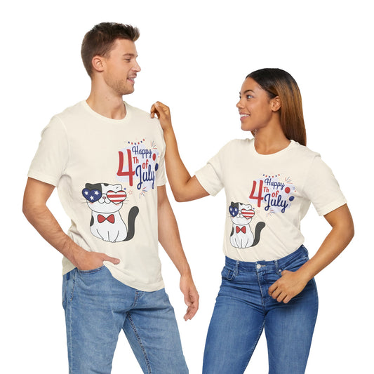 Patriotic Party Cat Tee – Happy 4th of July – Unisex Bella+Canvas Jersey Tee - 4th of July Tee