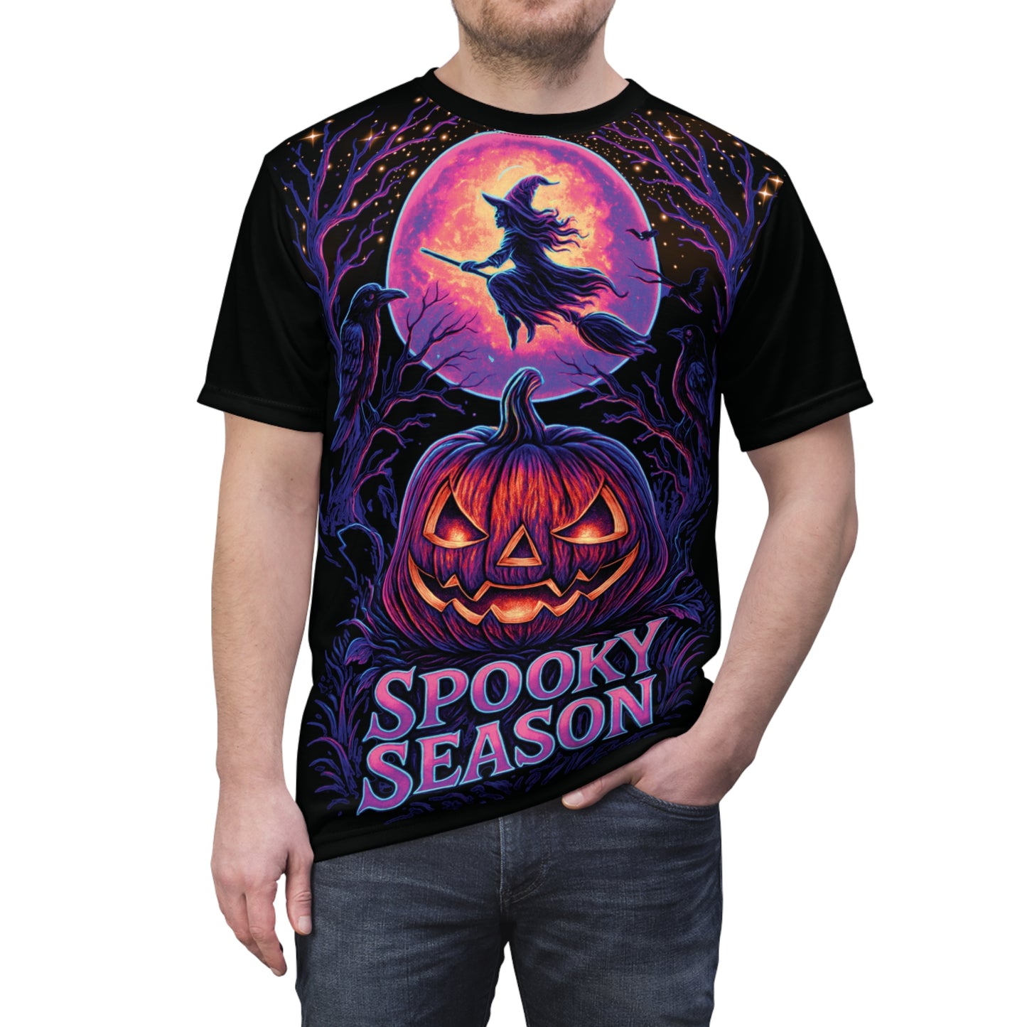 Neon Halloween AOP T-Shirt – Spooky Season Jack-o’-Lantern & Witch Design (All-Over Print)