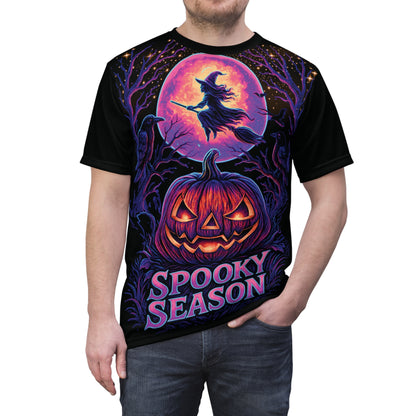 Neon Halloween AOP T-Shirt – Spooky Season Jack-o’-Lantern & Witch Design (All-Over Print)