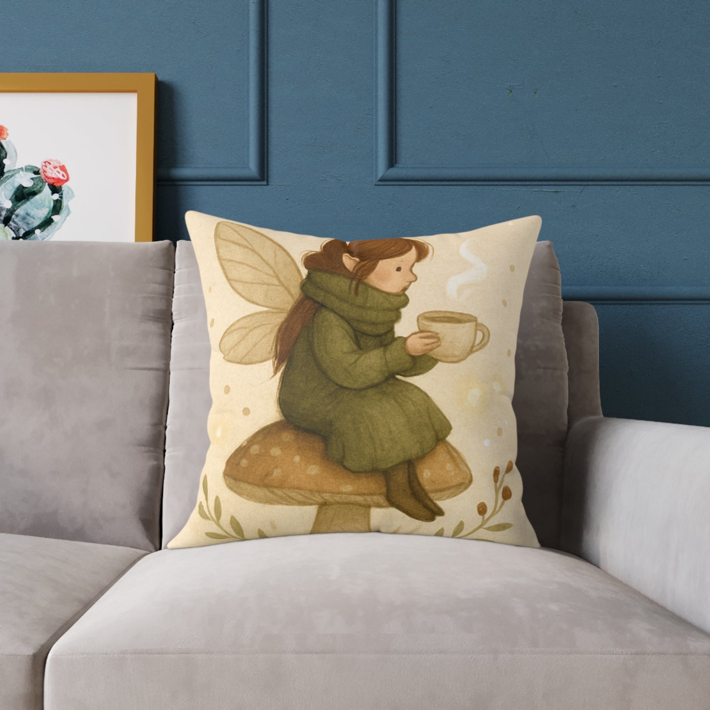 Cozy Winter Fairy Throw Pillow – Tea on a Toadstool & Lantern Fairy Canvas Cushion