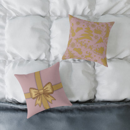 Blush Pink & Gold Gift Box Throw Pillow – Holiday Icon Pattern Canvas Cushion