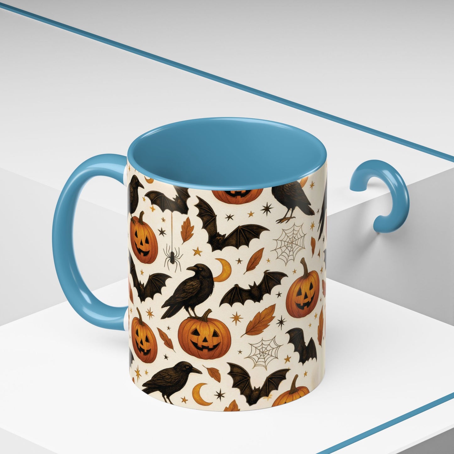 Halloween Raven & Pumpkin Color Accent Mug – Gothic Crow, Bats & Jack-o’-Lantern Coffee Cup (11oz & 15oz) – Spooky Autumn Drinkware