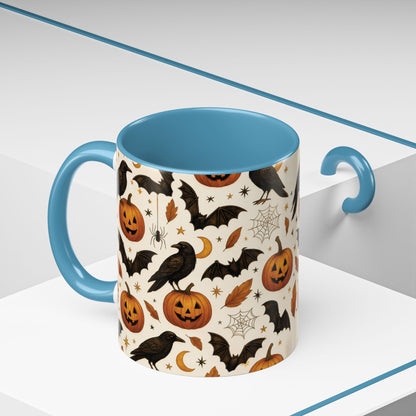 Halloween Raven & Pumpkin Color Accent Mug – Gothic Crow, Bats & Jack-o’-Lantern Coffee Cup (11oz & 15oz) – Spooky Autumn Drinkware