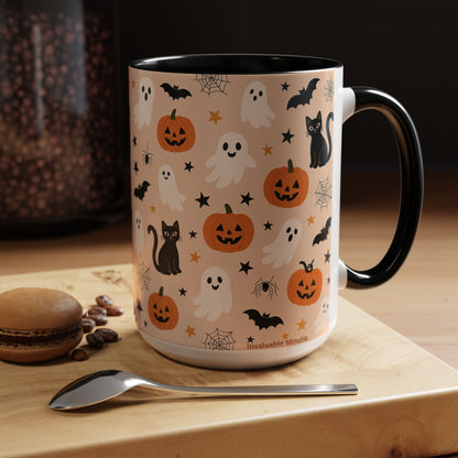 Halloween Color Accent Mug – Ghosts, Pumpkins & Black Cats, Fall Coffee Cup (11oz & 15oz) – Boutique Spooky Season Drinkware