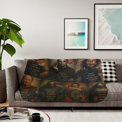 Horror Villains Mugshot Sherpa Fleece Blanket – Premium Cozy Throw, 3 Sizes, Free Worldwide Shipping