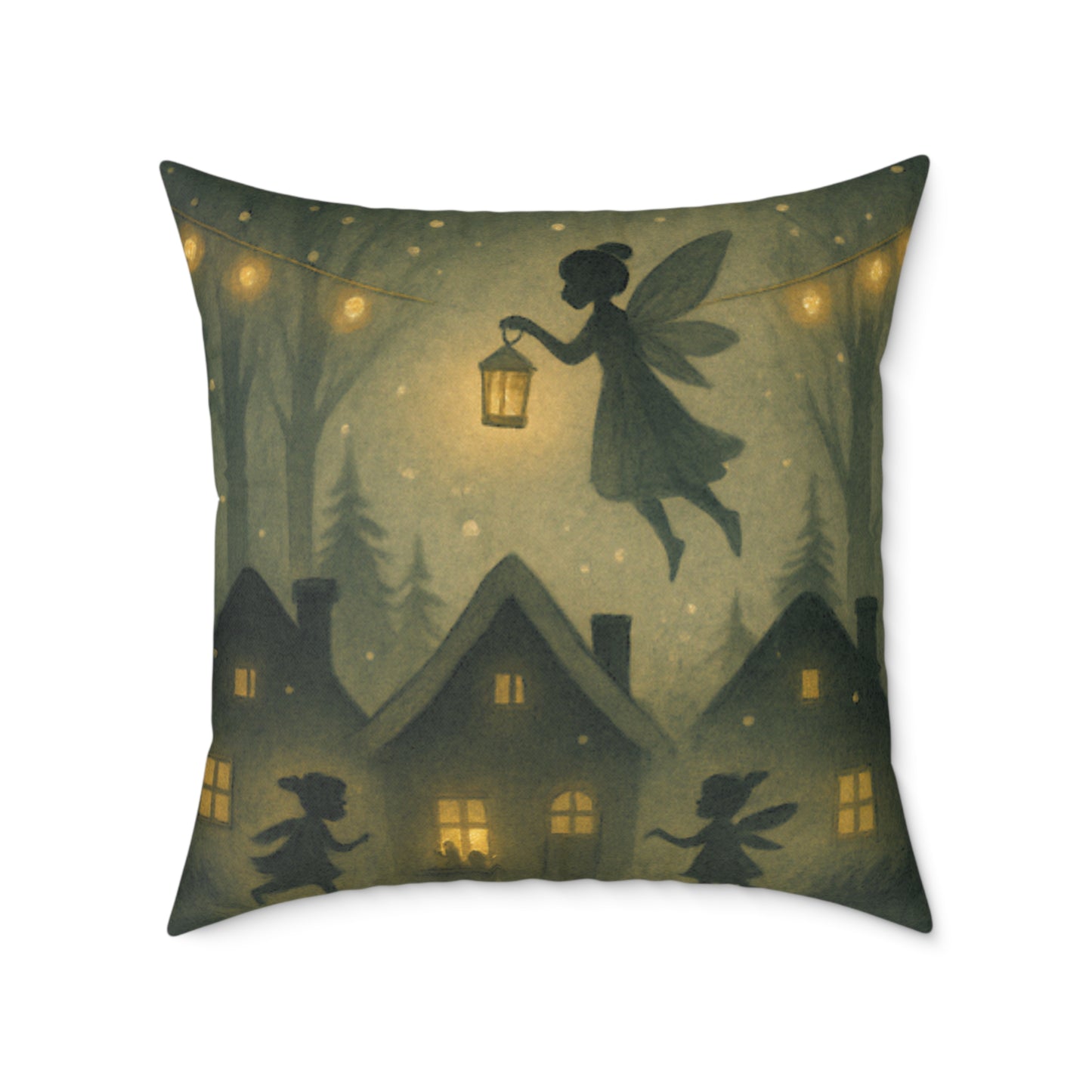 Winter Night Fairies Throw Pillow – Lantern Village Scene Dual-Sided Canvas Cushion