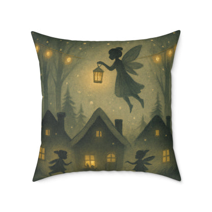 Winter Night Fairies Throw Pillow – Lantern Village Scene Dual-Sided Canvas Cushion