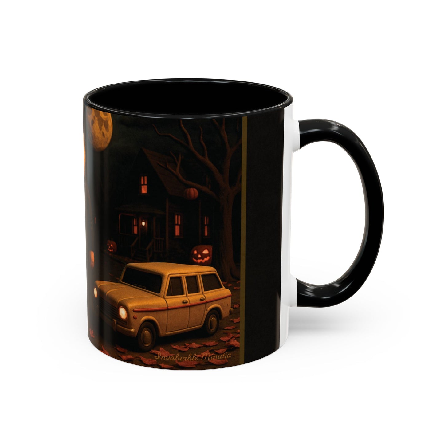 Rear handle view of 11oz Clay-Style Slasher Halloween Night ceramic coffee mug with black accent handle and interior — horror-themed boutique mug featuring masked slasher artwork wrapping around the design. Premium handmade-look ceramic accent mug by Invaluable Minutia. InvaluableMinutia.com