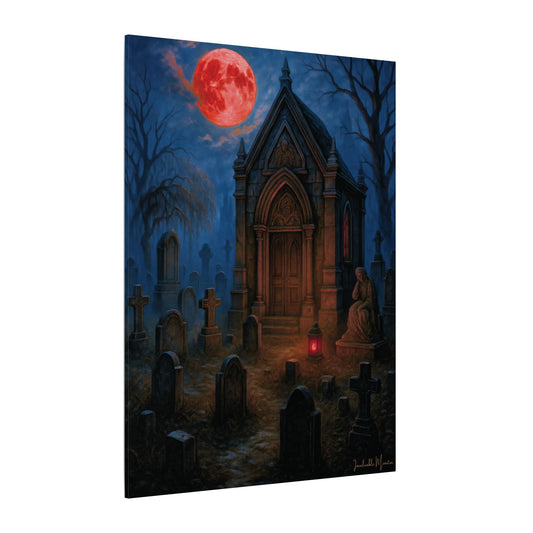 "Blood Moon Mausoleum" – Gothic Graveyard Fine Art Matte Canvas Print (Vertical)