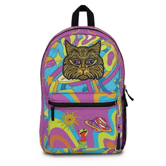 Psychedelic Cat AOP Backpack – Trippy Cosmic Print, Durable Sublimated Design, Weirdcore School Bag